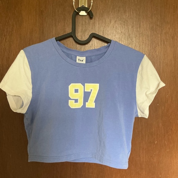 TNA Tops - TNA Blue and White Crop Top with Yellow '97'